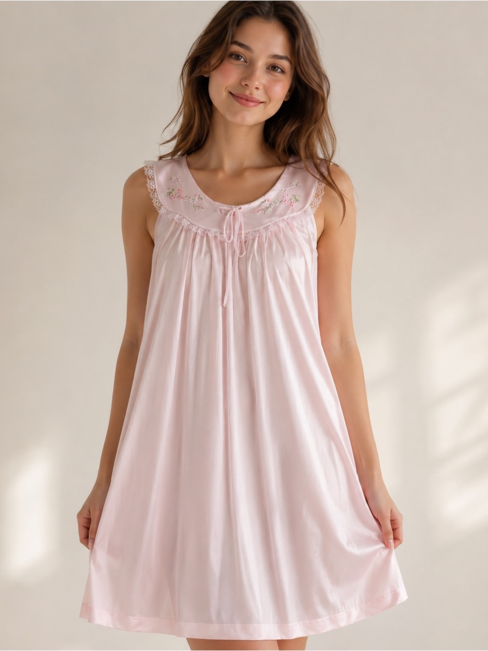 Shadowline Pink Satin Lace Trim Nightgown Sleep Dress Small